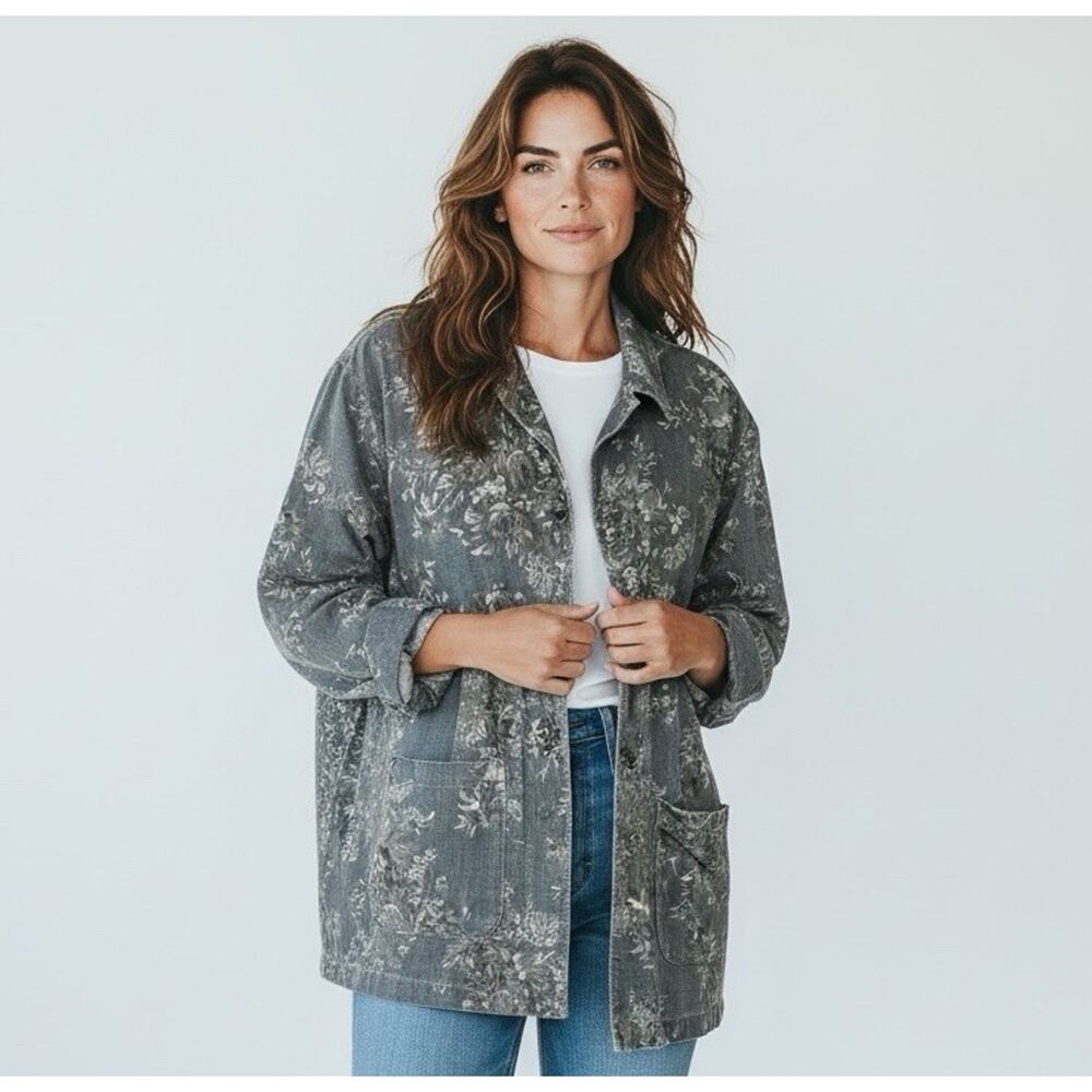 Nanette Keller Linen Shacket XL Gray Floral Artisan Metal Button Cottagecore Top